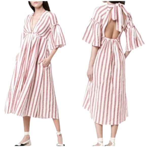 Three Graces London Red & White Striped Linen Open Back Georgianna‎ Midi Dress 6 - Picture 1 of 11